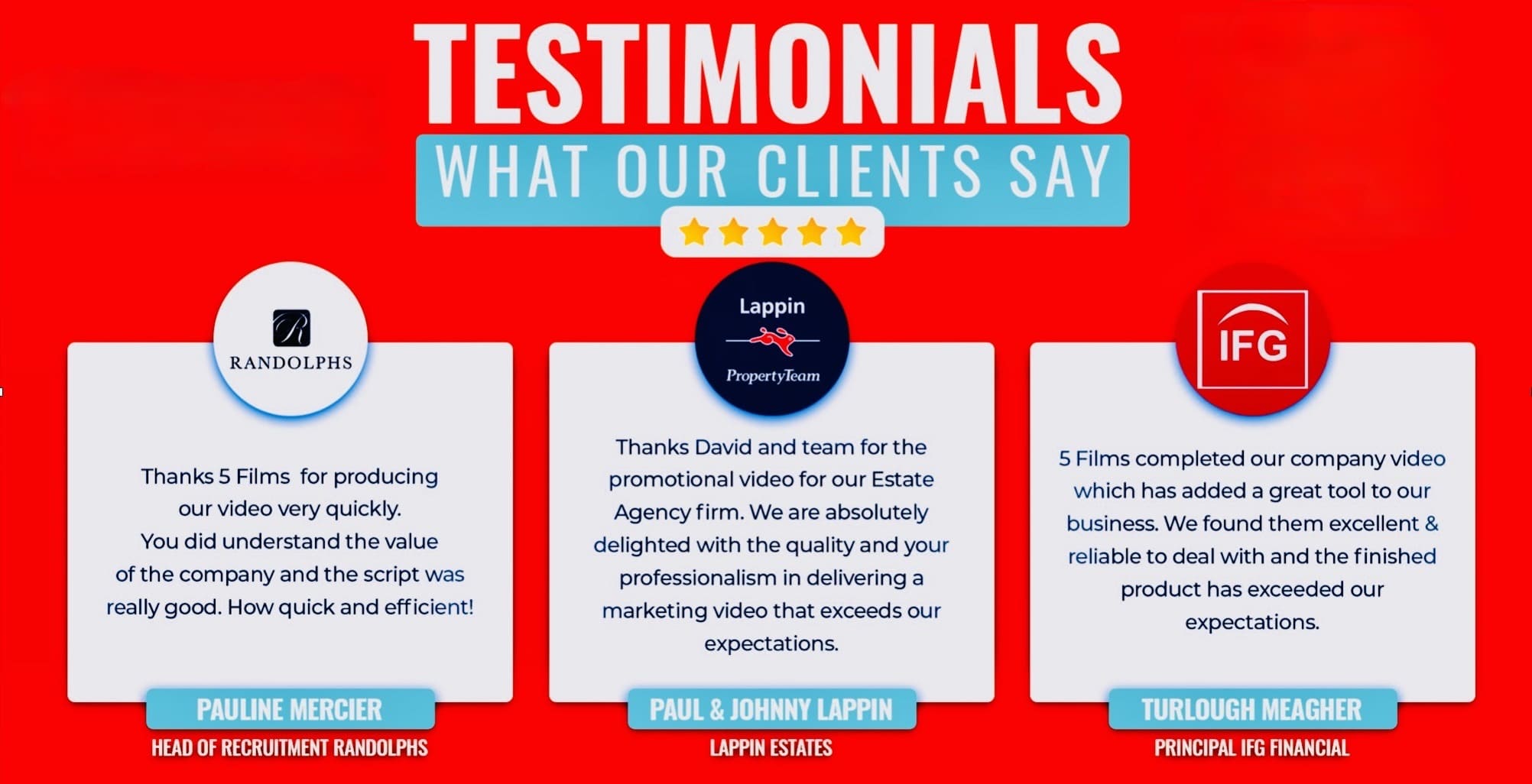 Testimonial banner highlighting client reviews.